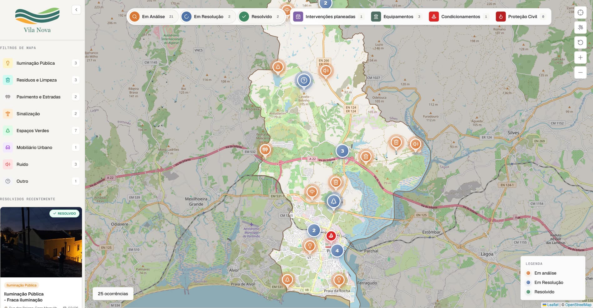 Mapa público interativo da SmartX com ocorrências geolocalizadas, filtros por categoria e legenda por estado de resolução.